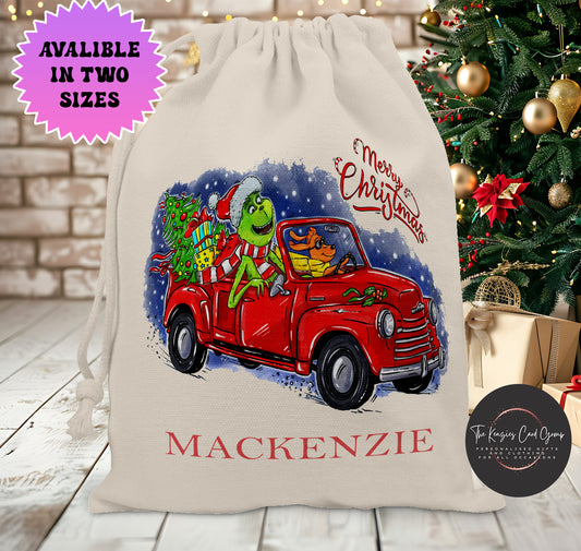 Personalised The Grinch Christmas Stock Gift Sack -Grinch Car Edition