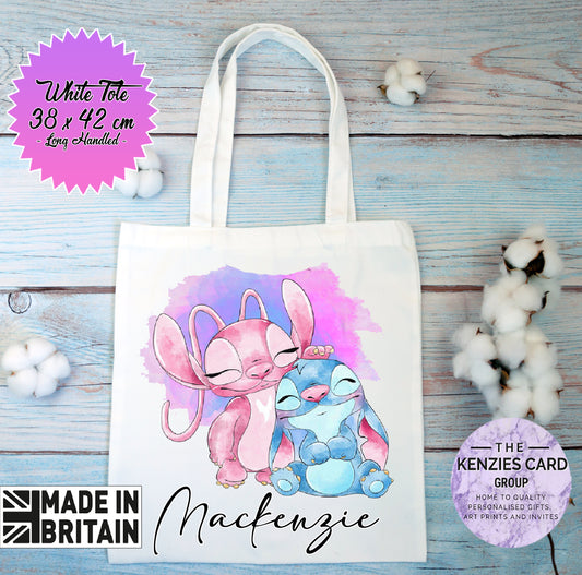 Personalised Lilo and Stitch Watercolour Tote Bag - White