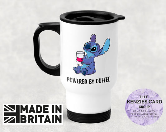 Personalised Lilo and Stitch - Powered By Coffee-  Thermal Travel Mug - 14oz