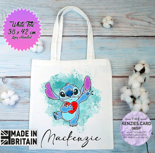 Personalised Lilo and Stitch Watercolour Tote Bag - White