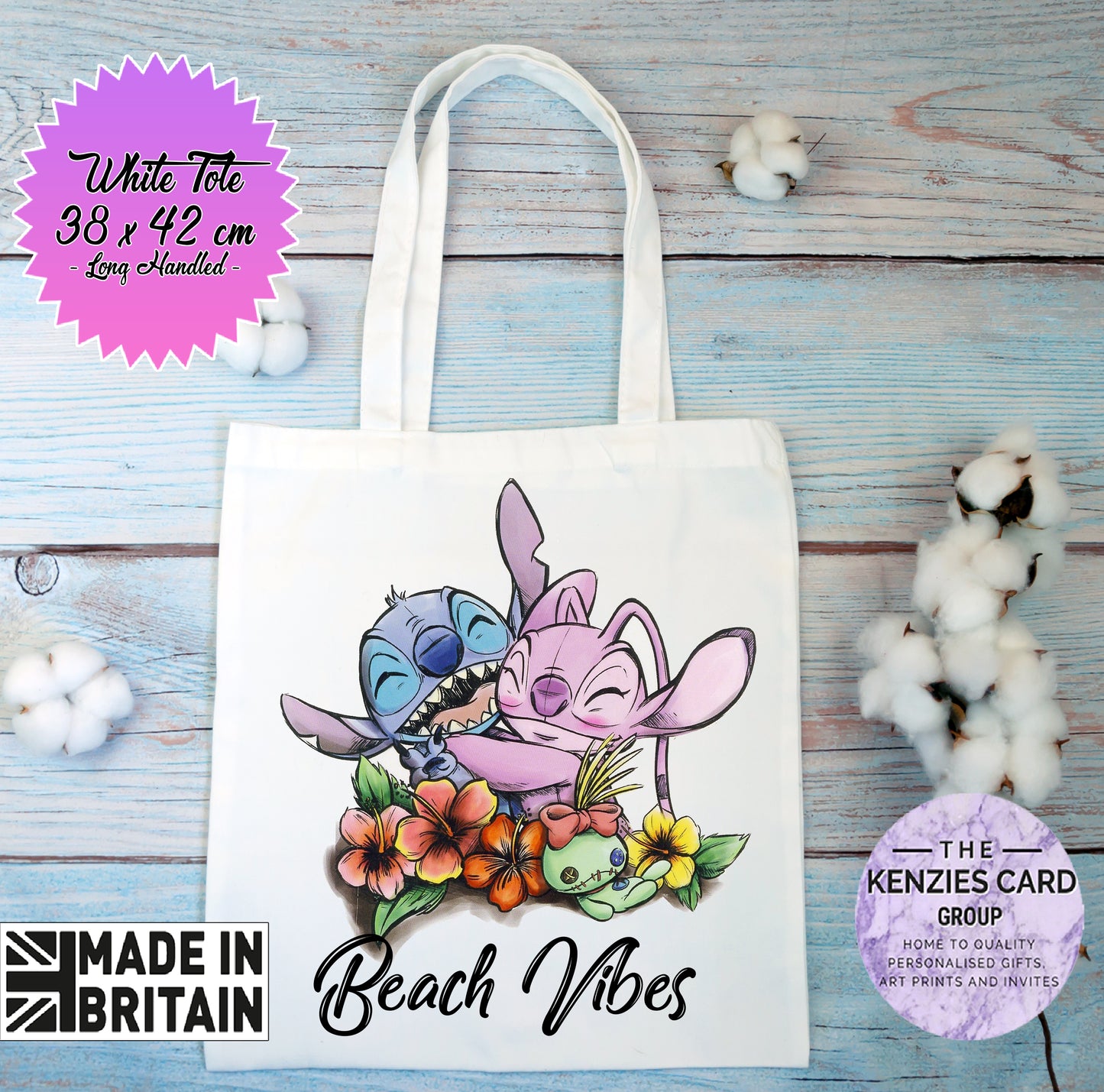 Personalised Lilo and Stitch- Stitch and Angel Watercolour Tote Bag - White