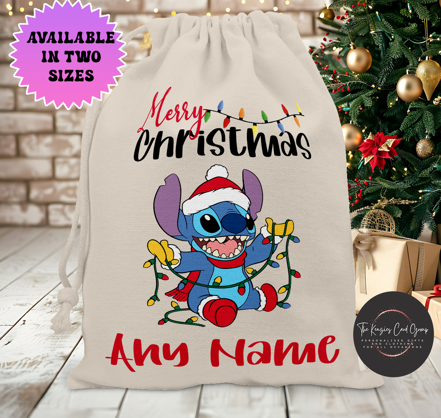 Personalised Disney Christmas Stock Gift Sack - Lilo and Stitch Stich Tree Lights Edition