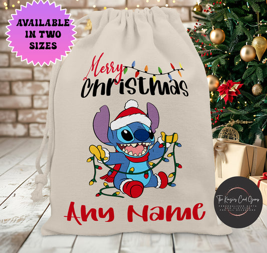 Personalised Disney Christmas Stock Gift Sack - Lilo and Stitch Stich Tree Lights Edition