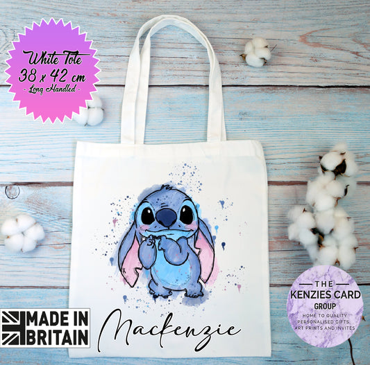 Personalised Lilo and Stitch Watercolour Tote Bag - White