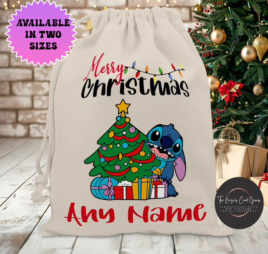 Personalised Disney Christmas Stock Gift Sack - Lilo and Stitch Stich Tree Hug Edition