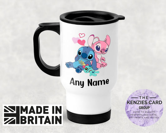 Personalised Lilo and Stitch -Stitch and Angel -  Thermal Travel Mug - 14oz